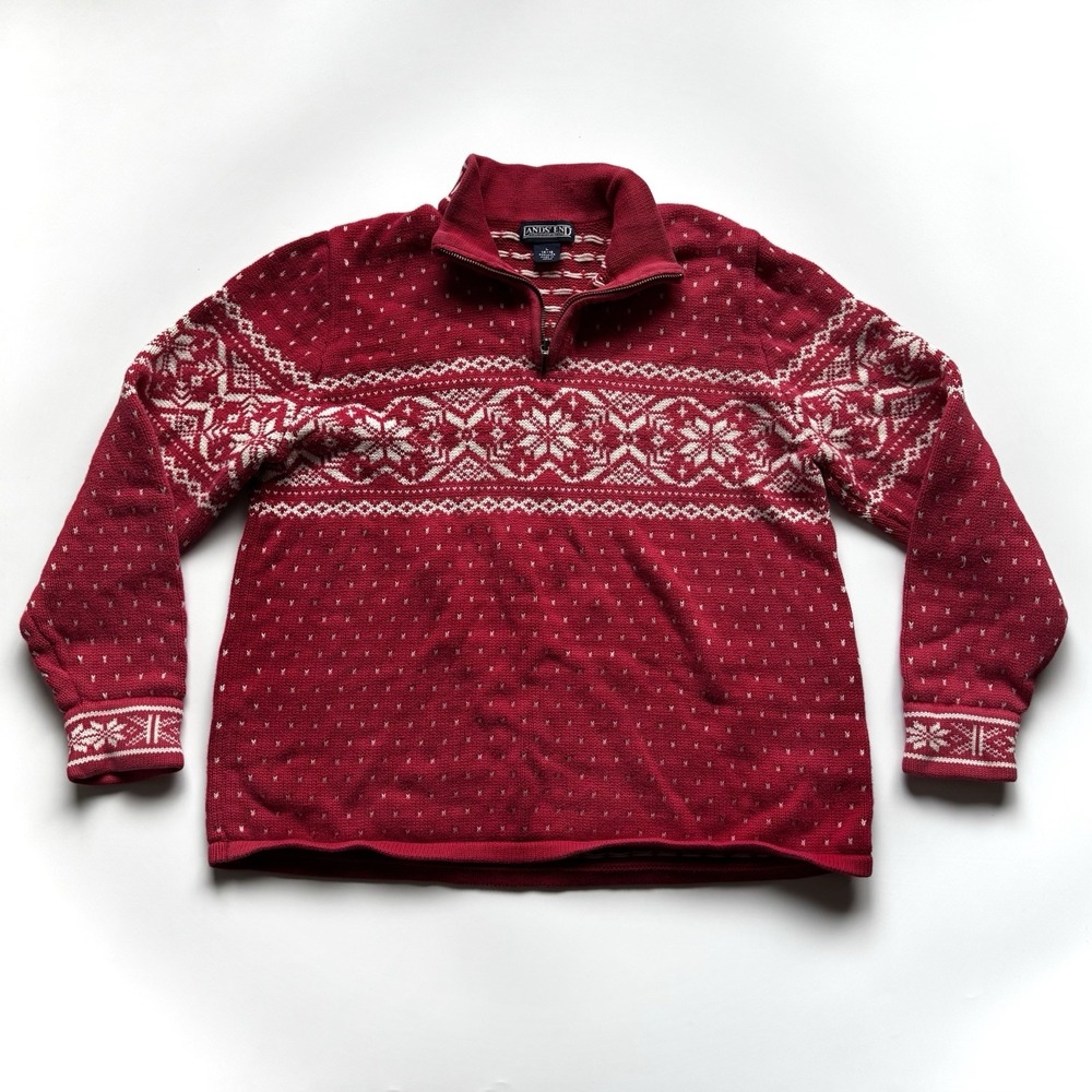 Lands End Womens Large Sweater Red White Snowflake Ski Winter 1/4 Zip Pullover